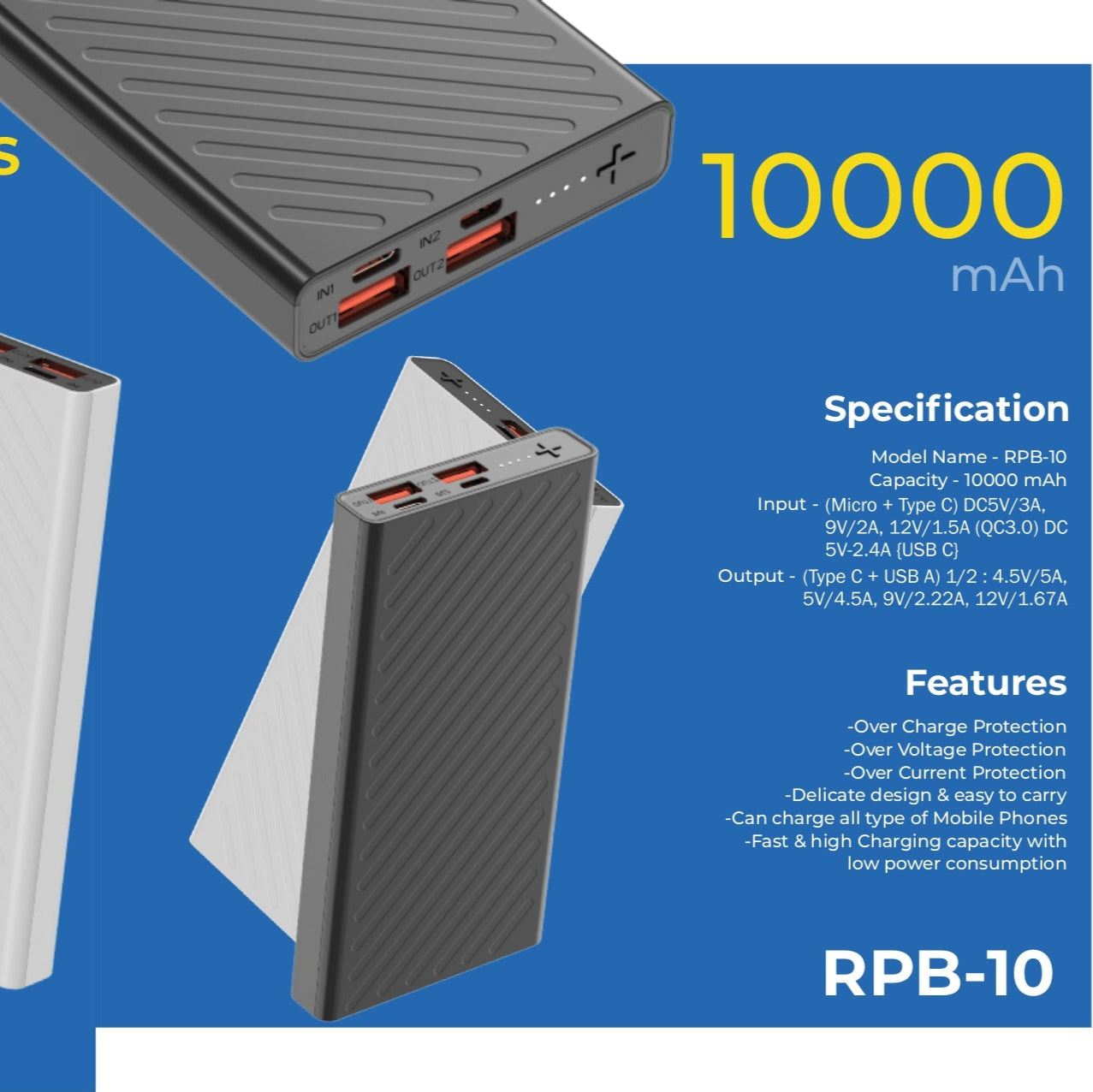 Riviera 10,000mAh Power Bank – Fast Charging with Dual Inputs & Quick Charge 3.0