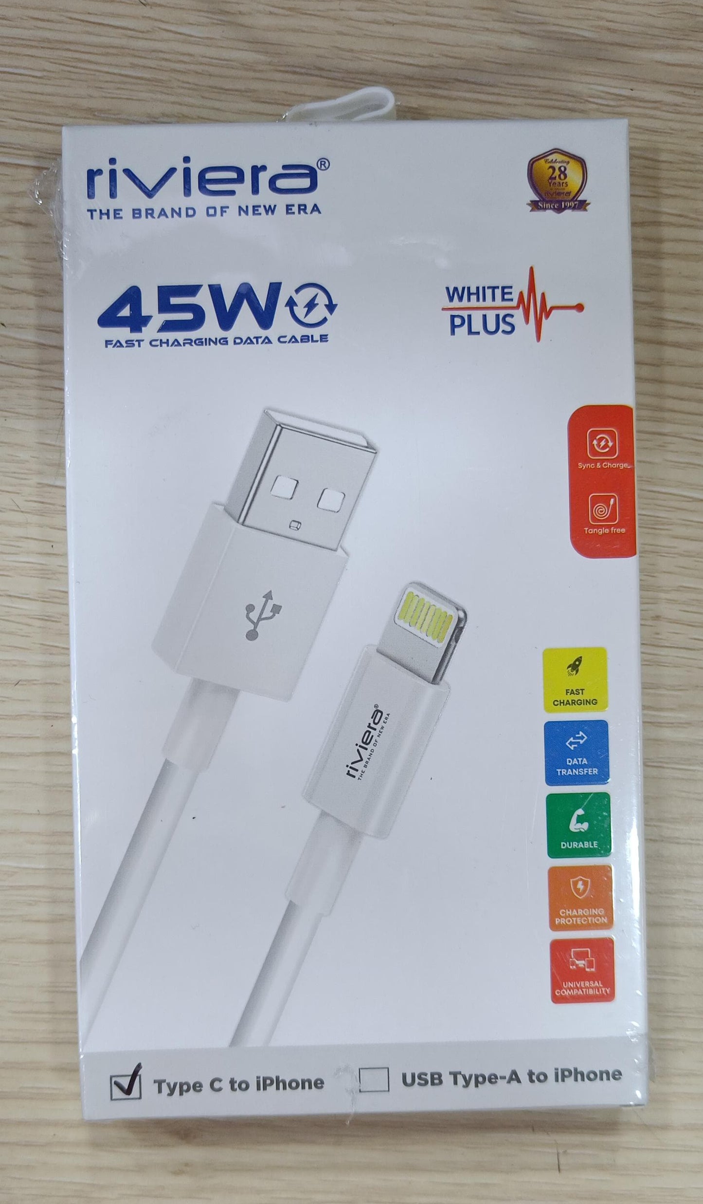 Riviera White Plus 45W Fast Charging Data Cable – Speed, Efficiency & Durability