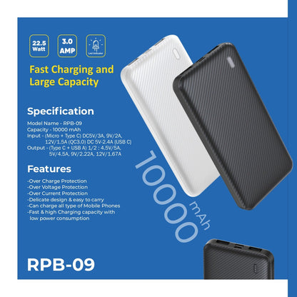 Riviera 10,000mAh Power Bank – Fast Charging with Dual Inputs & Quick Charge 3.0