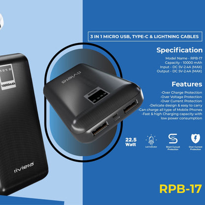 Riviera 10,000mAh Power Bank – Reliable Charging with Quick Recharging