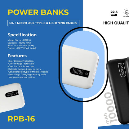 Riviera 3-in-1 Power Bank (10,000mAh) – Fast & Reliable Charging On-the-Go