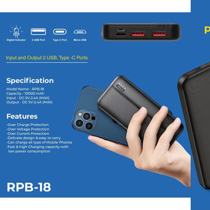 Riviera 10,000mAh Power Bank – Reliable Charging with Quick Recharging